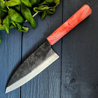 Forged Santoku Japanese Kitchen Knife | Aogami Blue Paper Steel - Red